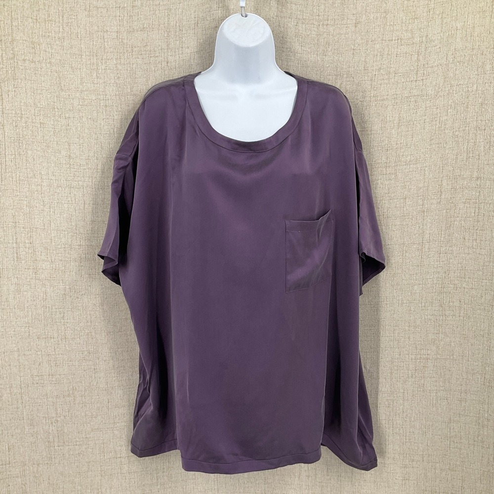 Lunya Pajama Top Women 1X Purple 100% Silk Pocket Luxury Minimalist Sleepwear